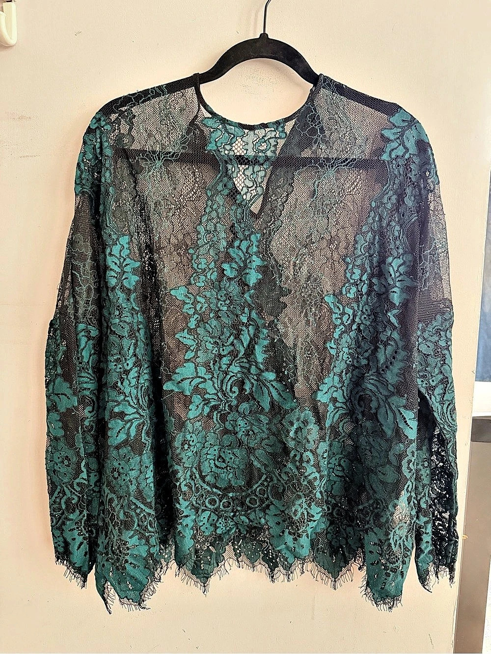 Zara Floral Lace Long Sleeve Blouse in Green & Black